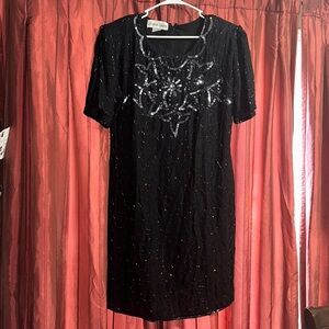 Jessica Taylor SILK Dress Womens Sz 1X Black Embellished Beads & Sequins
